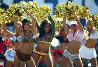 SAN DIEGO - OCTOBER 28: The Charger Girls do a dance routine in Halloween costumes during the Houston Texans vs. the San Diego Chargers NFL game on October 28, 2007 at Qualcomm Stadium in San Diego, California. (Photo by Donald Miralle/Getty Images)