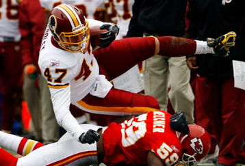 LANDOVER, MD - OCTOBER 18: Tight end Chris Cooley #47 of the Washington Redskins is tackled by Derrick Johnson #58 of the Kansas City Chiefs during their game October 18, 2009 at FedEx Field in Landover, Maryland. Kansas City kicker Ryan Succop had 4 field goals as the Chiefs won the game 14-6.  (Photo by Win McNamee/Getty Images)