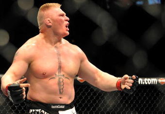 LAS VEGAS - JULY 11:  Brock Lesnar reacts after knocking out Frank Mir during their heavyweight title bout during UFC 100 on July 11, 2009 in Las Vegas, Nevada.  (Photo by Jon Kopaloff/Getty Images)