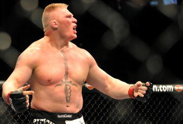LAS VEGAS - JULY 11:  Brock Lesnar reacts after knocking out Frank Mir during their heavyweight title bout during UFC 100 on July 11, 2009 in Las Vegas, Nevada.  (Photo by Jon Kopaloff/Getty Images)