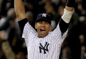 NEW YORK - OCTOBER 25:  Alex Rodriguez #13 of the New York Yankees celebrates their 5-2 victory over the Los Angeles Angels of Anaheim at the end of the top of the ninth inning in Game Six of the ALCS during the 2009 MLB Playoffs at Yankee Stadium on October 25, 2009 in the Bronx borough of New York City. The New York Yankees won the ALCS series 4-2 over the Los Angeles Angels of Anaheim to capture the American League pennant.  (Photo by Al Bello/Getty Images)