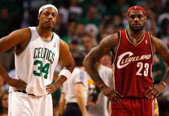 BOSTON - MAY 18:  Paul Pierce #34 of the Boston Celtics and LeBron James #23 of the Cleveland Cavaliers look on in Game Seven of the Eastern Conference Semifinals during the 2008 NBA Playoffs at the TD Banknorth Garden May 18, 2008 in Boston, Massachusetts. Boston won 97-92. NOTE TO USER: User expressly acknowledges and agrees that, by downloading and or using this Photograph, user is consenting to the terms and conditions of the Getty Images License Agreement.  (Photo by Jim Rogash/Getty Images)