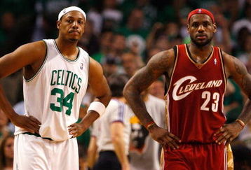 BOSTON - MAY 18:  Paul Pierce #34 of the Boston Celtics and LeBron James #23 of the Cleveland Cavaliers look on in Game Seven of the Eastern Conference Semifinals during the 2008 NBA Playoffs at the TD Banknorth Garden May 18, 2008 in Boston, Massachusetts. Boston won 97-92. NOTE TO USER: User expressly acknowledges and agrees that, by downloading and or using this Photograph, user is consenting to the terms and conditions of the Getty Images License Agreement.  (Photo by Jim Rogash/Getty Images)