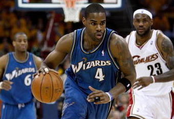 CLEVELAND - APRIL 30:  Antawn Jamison #4 of the Washington Wizards brings the ball upcourt followed by LeBron James #23 of the Cleveland Cavaliers in Game Five of the Eastern Conference Quarterfinals during the 2008 NBA Playoffs at Quicken Loans Arena on April 30, 2008 in Cleveland, Ohio.  The Wizards won 88-87.  NOTE TO USER: User expressly acknowledges and agrees that, by downloading and or using this photograph, User is consenting to the terms and conditions of the Getty Images License Agreement.  (Photo by Gregory Shamus/Getty Images) 