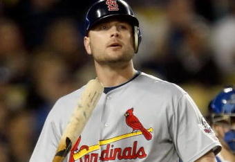 LOS ANGELES, CA - OCTOBER 07:  Matt Holliday #15 of the St. Louis Cardinals reacts after striking out in the seventh inning of Game One of the NLDS during the 2009 MLB Playoffs against the Los Angeles Dodgers at Dodger Stadium on October 7, 2009 in Los Angeles, California.  (Photo by Jeff Gross/Getty Images)