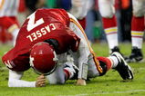 KANSAS CITY, MO - OCTOBER 25:  Quarterback Matt Cassel #7 of the Kansas City Chiefs gets up slowly after being sacked by the San Diego Chargers during the game on October 25, 2009 at Arrowhead Stadium in Kansas City, Missouri.  (Photo by Jamie Squire/Getty Images)