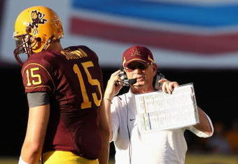 TEMPE, AZ - OCTOBER 03:  Head coach Dennis Erickson talks with quarterback Danny Sullivan #15 of the Arizona State Sun Devils during the college football game against the Oregon State Beavers at Sun Devil Stadium on October 3, 2009 in Tempe, Arizona. The Beavers defeated the Sun Devils 28-17.  (Photo by Christian Petersen/Getty Images)