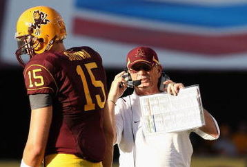 TEMPE, AZ - OCTOBER 03:  Head coach Dennis Erickson talks with quarterback Danny Sullivan #15 of the Arizona State Sun Devils during the college football game against the Oregon State Beavers at Sun Devil Stadium on October 3, 2009 in Tempe, Arizona. The Beavers defeated the Sun Devils 28-17.  (Photo by Christian Petersen/Getty Images)