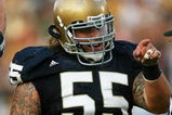 SOUTH BEND, IN - SETPEMBER 19: Eric Olsen #55 of the Notre Dame Fighting Irish points to a referee after a replay showed Notre Dame scored a touchdown against the Michigan State Spartans on September 19, 2009 at Notre Dame Stadium in South Bend, Indiana. Notre Dame defeated Michigan State 33-30. (Photo by Jonathan Daniel/Getty Images)