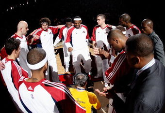 CLEVELAND - MAY 28:  LeBron James #23 of the Cleveland Cavaliers speaks to his teammates before Game Five of the Eastern Conference Finals against the Orlando Magic during the 2009 Playoffs at Quicken Loans Arena on May 28, 2009 in Cleveland, Ohio. NOTE TO USER: User expressly acknowledges and agrees that, by downloading and or using this photograph, User is consenting to the terms and conditions of the Getty Images License Agreement  (Photo by Gregory Shamus/Getty Images)