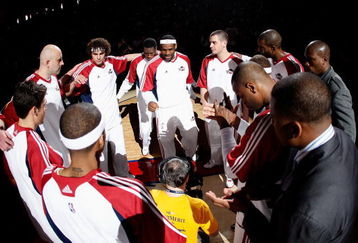 CLEVELAND - MAY 28:  LeBron James #23 of the Cleveland Cavaliers speaks to his teammates before Game Five of the Eastern Conference Finals against the Orlando Magic during the 2009 Playoffs at Quicken Loans Arena on May 28, 2009 in Cleveland, Ohio. NOTE TO USER: User expressly acknowledges and agrees that, by downloading and or using this photograph, User is consenting to the terms and conditions of the Getty Images License Agreement  (Photo by Gregory Shamus/Getty Images)