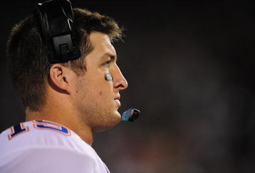 STARKVILLE, MS - OCTOBER 24:  Quarterback Tim Tebow # 15 of the Florida Gators on the sidelines during the Mississippi State game, at Davis Wade Stadium on  October 24, 2009 in Starkville, Mississippi  (Photo by Rick Dole/Getty Images)