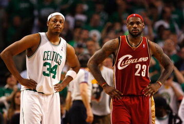 BOSTON - MAY 18:  Paul Pierce #34 of the Boston Celtics and LeBron James #23 of the Cleveland Cavaliers look on in Game Seven of the Eastern Conference Semifinals during the 2008 NBA Playoffs at the TD Banknorth Garden May 18, 2008 in Boston, Massachusetts. Boston won 97-92. NOTE TO USER: User expressly acknowledges and agrees that, by downloading and or using this Photograph, user is consenting to the terms and conditions of the Getty Images License Agreement.  (Photo by Jim Rogash/Getty Images)