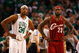 BOSTON - MAY 18:  Paul Pierce #34 of the Boston Celtics and LeBron James #23 of the Cleveland Cavaliers look on in Game Seven of the Eastern Conference Semifinals during the 2008 NBA Playoffs at the TD Banknorth Garden May 18, 2008 in Boston, Massachusetts. Boston won 97-92. NOTE TO USER: User expressly acknowledges and agrees that, by downloading and or using this Photograph, user is consenting to the terms and conditions of the Getty Images License Agreement.  (Photo by Jim Rogash/Getty Images)