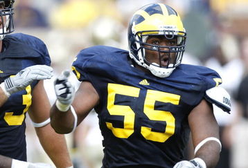 ANN ARBOR, MI - SEPTEMBER 05: Brandon Graham #55 of the Michigan Wolverines reacts after a second quarter sack while playing the Western Michigan Broncos on September 5, 2009 at Michigan Stadium in Ann Arbor, Michigan. Michigan won the game 31-7. (Photo by Gregory Shamus/Getty Images)