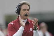 OXFORD, MS - OCTOBER 10: Coach Nick Saban of the Alabama Crimson Tide watches from the sidelines during their game against the Mississippi Rebels at Vaught-Hemingway Stadium on October 10, 2009 in Oxford, Mississippi. (Photo by Dave Martin/Getty Images)