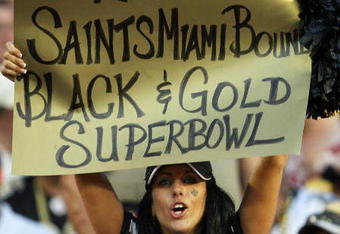 MIAMI - OCTOBER 25:  A Saints' fan shows her support as the New Orleans Saints take on the Miami Dolphins at Land Shark Stadium on October 25, 2009 in Miami, Florida. The Saints defeated the Dolphins 46-34.  (Photo by Doug Benc/Getty Images)