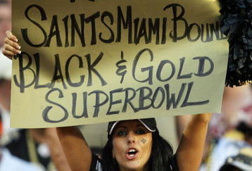 MIAMI - OCTOBER 25:  A Saints' fan shows her support as the New Orleans Saints take on the Miami Dolphins at Land Shark Stadium on October 25, 2009 in Miami, Florida. The Saints defeated the Dolphins 46-34.  (Photo by Doug Benc/Getty Images)