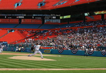 MIAMI - APRIL 06:  Starting pitcher Ricky Nolasco #47 of the Florida Marlins throws the first pitch of the game against the Washington Nationals on opening day at Dolphin Stadium on April 6, 2009 in Miami, Florida.  (Photo by Doug Benc/Getty Images)