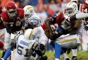 KANSAS CITY, MO - OCTOBER 25:  Running back Jamaal Charles #25 of the Kansas City Chiefs is tackled by Tim Dobbins # 51 and Shawne Merriman #56 of the San Diego Chargers during the game on October 25, 2009 at Arrowhead Stadium in Kansas City, Missouri.  (Photo by Jamie Squire/Getty Images)