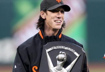 SAN FRANCISCO - APRIL 08:  Pitcher Tim Lincecum #55 of the San Francisco Giants celebrates after receiving his 2008 Cy Young award before his game against the Milwaukee Brewers at a Major League Baseball game on April 8, 2009 at AT&T Park in San Francisco, California.  (Photo by Jed Jacobsohn/Getty Images)