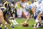 ST. LOUIS, MO - OCTOBER 25: Jeff Saturday #63 of the Indianapolis Colts lines up against the St. Louis Rams at the Edward Jones Dome on October 25, 2009 in St. Louis, Missouri.  The Colts beat the Rams 42-6.  (Photo by Dilip Vishwanat/Getty Images)