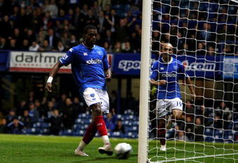 PORTSMOUTH, ENGLAND - OCTOBER 27:  Frederic Piquionne of Portsmouth scores against Stoke City during the Carling Cup fourth round match between Portsmouth and Stoke City at Fratton Park on October 27, 2009 in Portsmouth, England.  (Photo by Phil Cole/Getty Images)