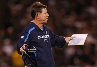OAKLAND, CA - SEPTEMBER 14:  Head coach Norv Turner of the San Diego Chargers reacts against the Oakland Raiders on September 14, 2009 at the Oakland-Alameda County Coliseum in Oakland, California.  (Photo by Ezra Shaw/Getty Images)
