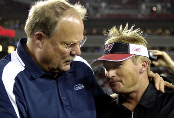 TAMPA, FL - OCTOBER 19: Coach Mike Holmgren of the Seattle Seahawks hugs coach Jon Gruden of the Tampa Bay Buccaneers after play at Raymond James Stadium on October 19, 2008 in Tampa, Florida. (Photo by Al Messerschmidt/Getty Images)