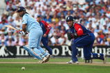 LONDON - SEPTEMBER 05:  Mahendra Singh Dhoni of India hits out during the 6th NatWest ODI between England and India at the Oval on September 5, 2007 in London, England.  (Photo by Tom Shaw/Getty Images)