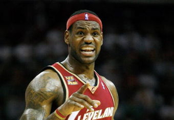 CLEVELAND - OCTOBER 27:  LeBron James #23 of the Cleveland Cavaliers reacts during the season opener against the Boston Celtics at Quicken Loans Arena on October 27, 2009 in Cleveland, Ohio.  NOTE TO USER: User expressly acknowledges and agrees that, by downloading and or using this photograph, User is consenting to the terms and conditions of the Getty Images License Agreement. (Photo by Gregory Shamus/Getty Images)