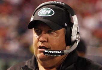 EAST RUTHERFORD, NJ - AUGUST 29:  Head coach Rex Ryan of the New York Jets looks on against the New York Giants on August 29, 2009 at Giants Stadium in East Rutherford, New Jersey.  (Photo by Jim McIsaac/Getty Images)