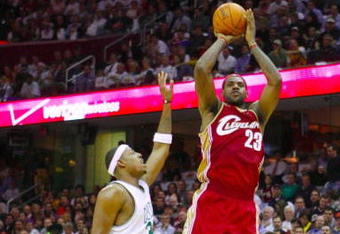 CLEVELAND - OCTOBER 27:  LeBron James #23 of the Cleveland Cavaliers shoots a jumper against Paul Pierce #34 of the Boston Celtics during the season opener at Quicken Loans Arena on October 27, 2009 in Cleveland, Ohio.  NOTE TO USER: User expressly acknowledges and agrees that, by downloading and or using this photograph, User is consenting to the terms and conditions of the Getty Images License Agreement. (Photo by Gregory Shamus/Getty Images)