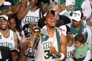 BOSTON - JUNE 17:  Paul Pierce #34 of the Boston Celtics celebrates with the NBA Finals MVP trophy after defeating the Los Angeles Lakers in Game Six of the 2008 NBA Finals on June 17, 2008 at TD Banknorth Garden in Boston, Massachusetts. NOTE TO USER: User expressly acknowledges and agrees that, by downloading and/or using this Photograph, user is consenting to the terms and conditions of the Getty Images License Agreement.  (Photo by Kevin C. Cox/Getty Images)