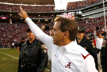 TUSCALOOSA, AL - OCTOBER 24:  Head coach Nick Saban of the Alabama Crimson Tide celebrates after their 12-10 win over the Tennessee Volunteers at Bryant-Denny Stadium on October 24, 2009 in Tuscaloosa, Alabama.  (Photo by Kevin C. Cox/Getty Images)
