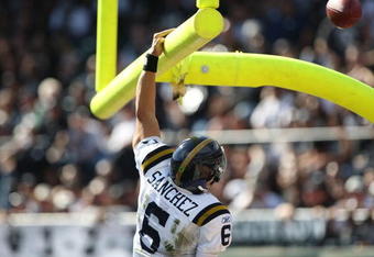 OAKLAND, CA - OCTOBER 25:  Mark Sanchez #6 of the New York Jets looks celebrates after rushing for a touchdown in the first quarter against the Oakland Raiders during an NFL game at the Oakland-Alameda County Coliseum on October 25, 2009 in Oakland, California.  (Photo by Jed Jacobsohn/Getty Images)