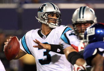 EAST RUTHERFORD, NJ - AUGUST 17:  Matt Moore #3 of the Carolina Panthers looks to throw against of the New York Giants on August 17, 2009 at Giants Stadium in East Rutherford, New Jersey. The Giants defeated the Panthers 24-17.  (Photo by Jim McIsaac/Getty Images)
