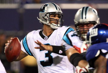 EAST RUTHERFORD, NJ - AUGUST 17:  Matt Moore #3 of the Carolina Panthers looks to throw against of the New York Giants on August 17, 2009 at Giants Stadium in East Rutherford, New Jersey. The Giants defeated the Panthers 24-17.  (Photo by Jim McIsaac/Getty Images)