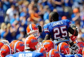 GAINESVILLE, FL - SEPTEMBER 19:  Brandon James #25 of the Florida Gators speaks to his teamates prior to the game against the Tennessee Volunteers at Ben Hill Griffin Stadium on September 19, 2009 in Gainesville, Florida.  (Photo by Sam Greenwood/Getty Images)