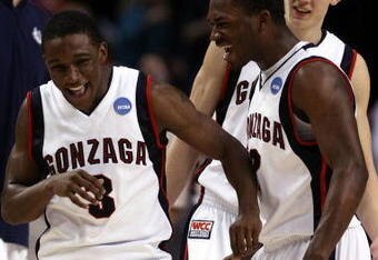 PORTLAND, OR - MARCH 21:  Demetri Goodson #3 of the Gonzaga Bulldogs and teammate Jeremy Pargo #2 celebrate after Goodson made the game-winning basket to defeat the Western Kentucky Hilltoppers during the second round of the NCAA Division I Men's Basketball Tournament at the Rose Garden on March 21, 2009 in Portland, Oregon. The Bulldgos defeated the Hilltoppers 83-81 to advance to the Sweet 16.  (Photo by Jonathan Ferrey/Getty Images)