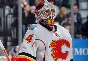 TORONTO - MARCH 14:  Miikka Kiprusoff #34 of the Calgary Flames looks on against the Toronto Maple Leafs during the game at Air Canada Centre on March 14, 2009 in Toronto, Ontario, Canada. (Photo by Dave Sandford/Getty Images)