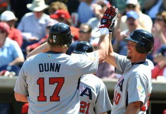 DUNEDIN, FL - MARCH 5:  Outfielder Adam Dunn #17 of Team USA celebrates a three-run home run against the Philadelphia Phillies March 5, 2009 at Bright House Field in Dunedin, Florida.  (Photo by Al Messerschmidt/Getty Images)