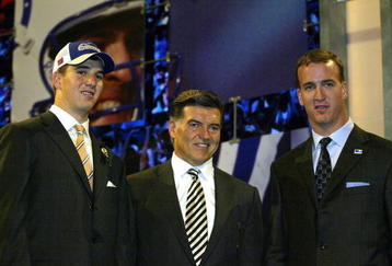 NEW YORK - APRIL 24:  (L-R) Eli Manning, agent Tom Condon and brother, Colts quarterback, Peyton Manning pose during the 2004 NFL Draft on April 24, 2004 at Madison Square Garden in New York City. Eli Manning was selected first pick overall by the San Diego Chargers then traded to the New York Giants for Philip Rivers and 3 draft picks.  (Photo by Chris Trotman/Getty Images)