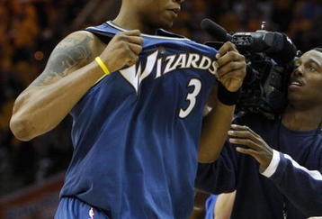 CLEVELAND - APRIL 30: Caron Butler #3 of the Washington Wizards celebrates a 88-87 victory over the Cleveland Cavaliers in Game Five of the Eastern Conference Quarterfinals during the 2008 NBA Playoffs at Quicken Loans Arena on April 30, 2008 in Cleveland, Ohio.  NOTE TO USER: User expressly acknowledges and agrees that, by downloading and or using this photograph, User is consenting to the terms and conditions of the Getty Images License Agreement.  (Photo by Gregory Shamus/Getty Images)