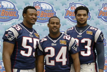 HOUSTON - JANUARY 27: Pro Bowl selections defensive end Willie McGinest #55, cornerback Ty Law #24, defensive lineman Richard Seymour #93 of the New England Patriots pose for a photo on media day January 27, 2003 at Reliant Stadium before Super Bowl XXXVIII against the Carolina Panthers in Houston, Texas. (Photo by Brian Bahr/Getty Images)
