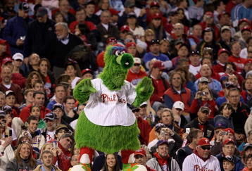 PHILADELPHIA - APRIL 05:  Phillie Phanatic cheers for the Philadelphia Phillies duirng their game against the Atlanta Braves on April 5, 2009 at Citizens Bank Park in Philadelphia, Pennsylvania.  (Photo by Ezra Shaw/Getty Images)