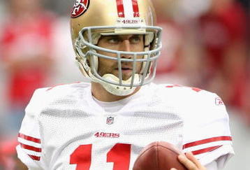 GLENDALE, AZ - SEPTEMBER 13:  Quarterback Alex Smith #11 of the San Francisco 49ers warms up before the NFL game against the Arizona Cardinals at the Universtity of Phoenix Stadium on September 13, 2009 in Glendale, Arizona.  The 49ers defeated the Cardinals 20-16.  (Photo by Christian Petersen/Getty Images)
