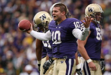 SEATTLE - OCTOBER 24:  Quarterback Jake Locker #10 of the Washington Huskies pleads for a penalty after having his helmut ripped off on a running play against the Oregon Ducks on October 24, 2009 at Husky Stadium in Seattle, Washington. No penalty was called on the play, and the Ducks defeated the Huskies 43-19. (Photo by Otto Greule Jr/Getty Images)