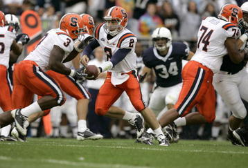 STATE COLLEGE, PA - SEPTEMBER 12: Quarterback Greg Paulus #2 of the Syracuse Orangemen hands off to running back Delone Carter #3 during the first half against the Penn State Nittany Lions at Beaver Stadium  September 12, 2009 in State College, Pennsylvania. (Photo by Chris Gardner/Getty Images)