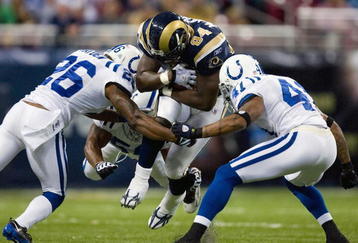 ST. LOUIS, MO - OCTOBER 25: Randy McMichael #84 of the St. Louis Rams is tackled by Kelvin Hayden #26 and Antoine Bethea #41 of the Indianapolis Colts at the Edward Jones Dome on October 25, 2009 in St. Louis, Missouri.  (Photo by Dilip Vishwanat/Getty Images)